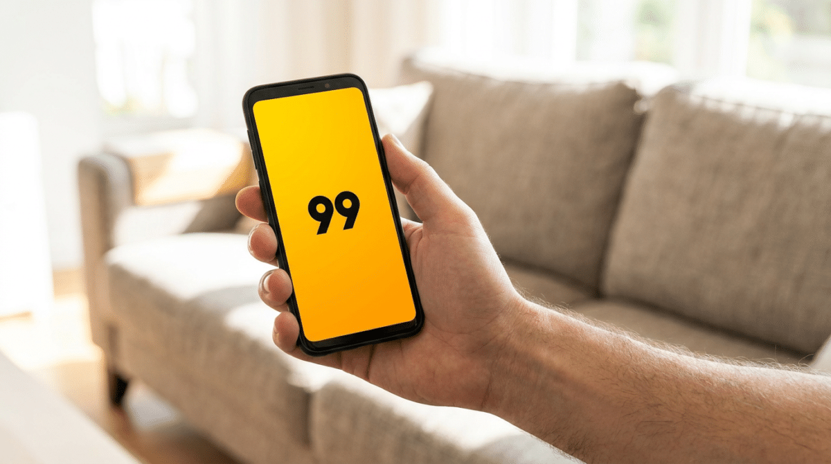 Mão masculina segurando celular com app 99 aberto na tela.