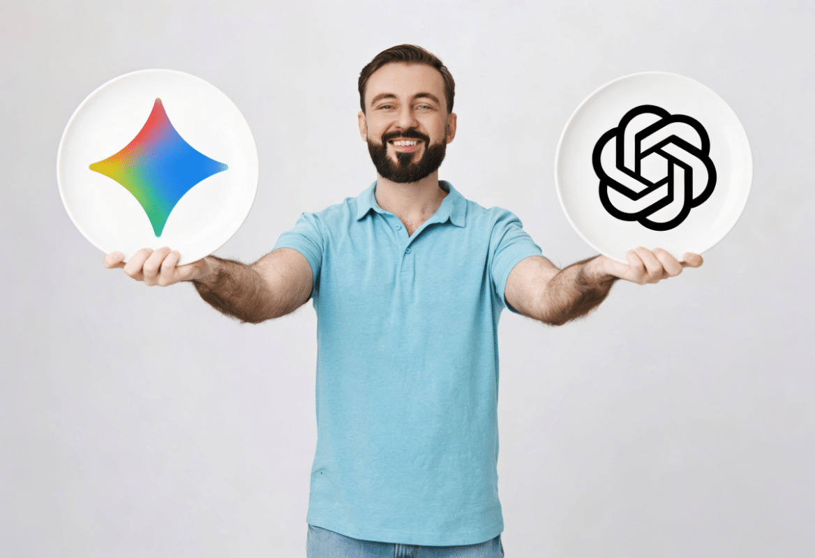 Homem exibindo logos das IAs.