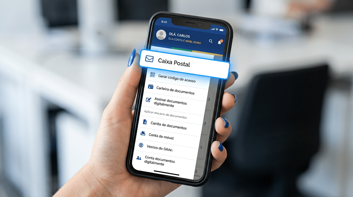 Aplicativo Gov.br exibe menu com Caixa Postal e documentos digitais.
