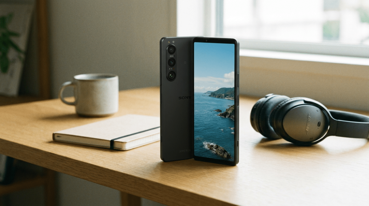 Smartphone Sony Xperia 1 V preto com lentes ZEISS ao lado de fone WH-1000XM, caderno e xícara sobre mesa.