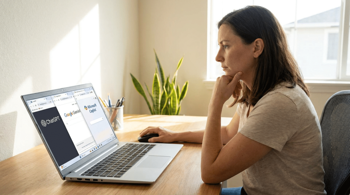 Mulher concentrada usando laptop com abas abertas do ChatGPT, Google Gemini e Microsoft Copilot em mesa de madeira.