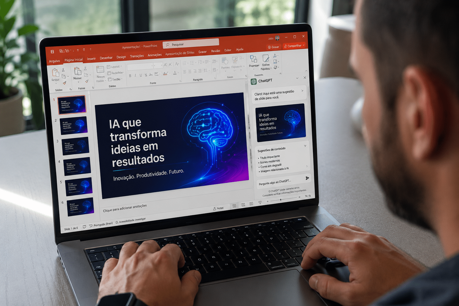 Homem usando laptop com PowerPoint e ChatGPT gerando slide sobre "IA que transforma ideias em resultados".