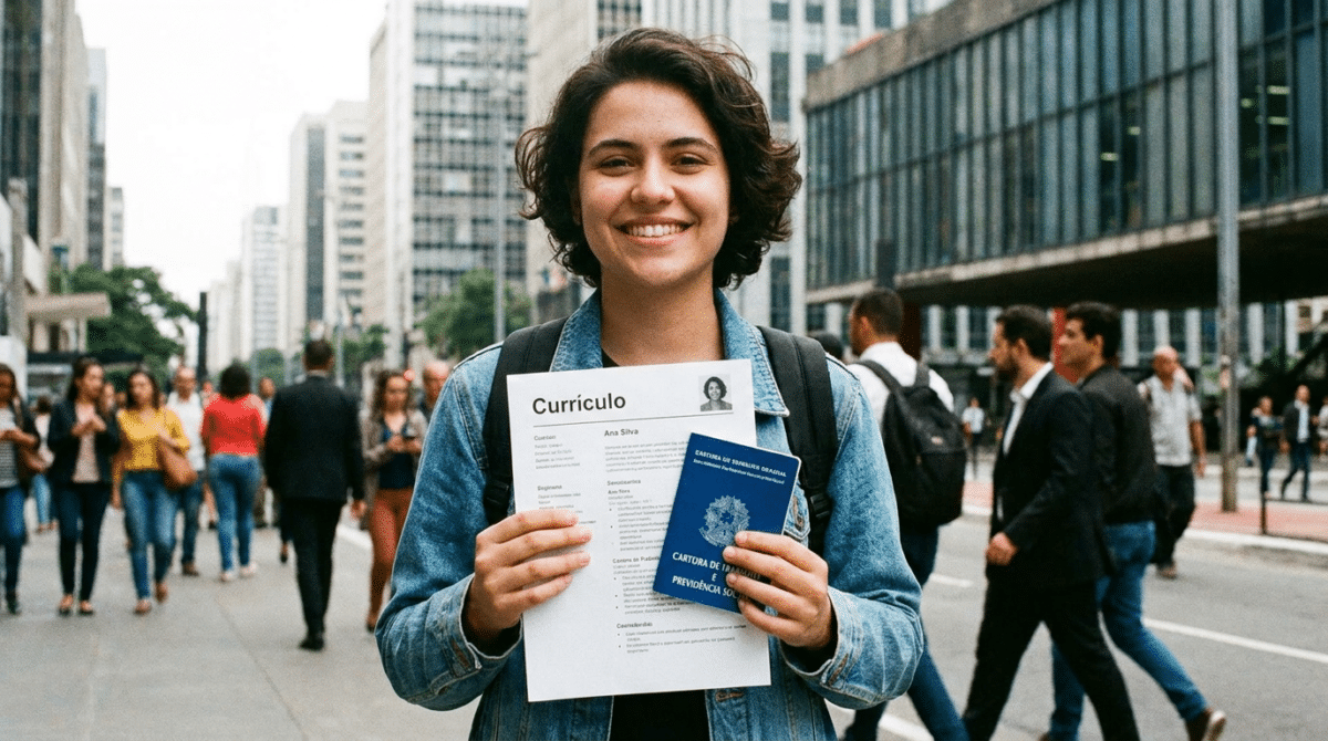 Jovem mulher de cabelo castanho curto sorri segurando currículo com nome Ana Silva e carteira de trabalho azul em avenida urbana.