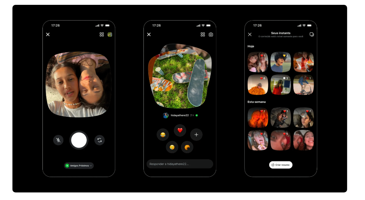 Três telas do Instagram mostrando câmera de selfie, resposta a Instant com emojis e galeria "Seus Instants" em fundo preto.