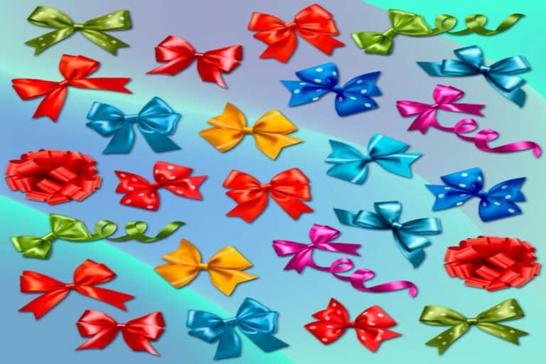 Laços coloridos de cetim em vermelho, azul, verde, rosa, amarelo e laranja sobre fundo azul degradê para teste de observação