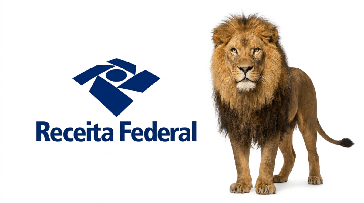 Logotipo azul da Receita Federal ao lado de leão adulto com juba dourada em fundo branco.