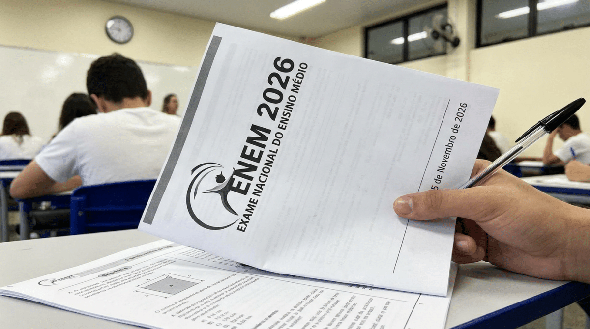 Mãos seguram caderno de provas do ENEM 2026 com caneta preta em sala de aula com carteiras azuis ao fundo.