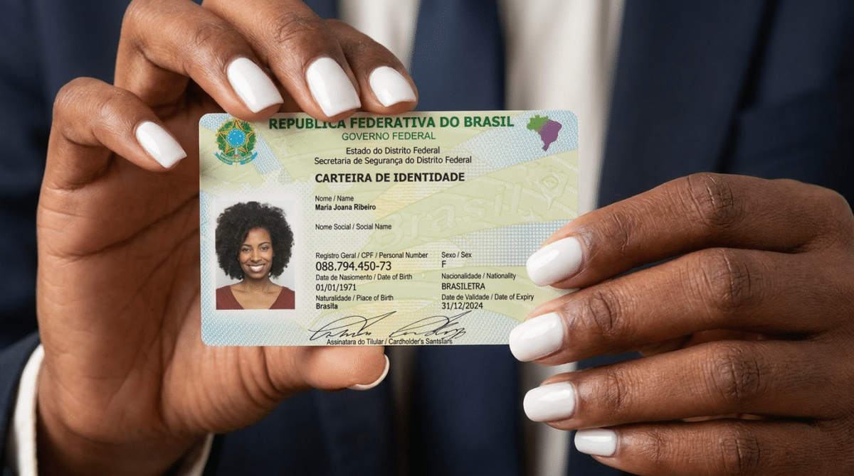 Carteira de Identidade Nacional (CIN) do Distrito Federal em mãos.