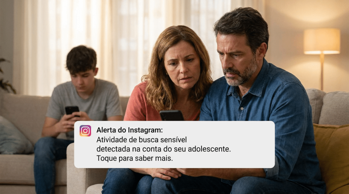 Casal de meia-idade sentado no sofá olha preocupado para celular com alerta do Instagram sobre adolescente ao fundo.