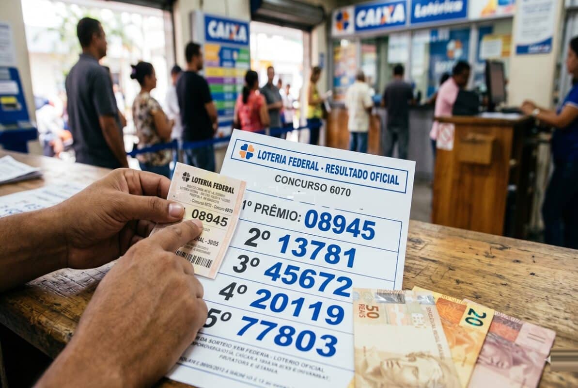 Mão segura bilhete da Loteria Federal e resultado oficial do concurso 6070 em agência da Caixa com notas de dinheiro