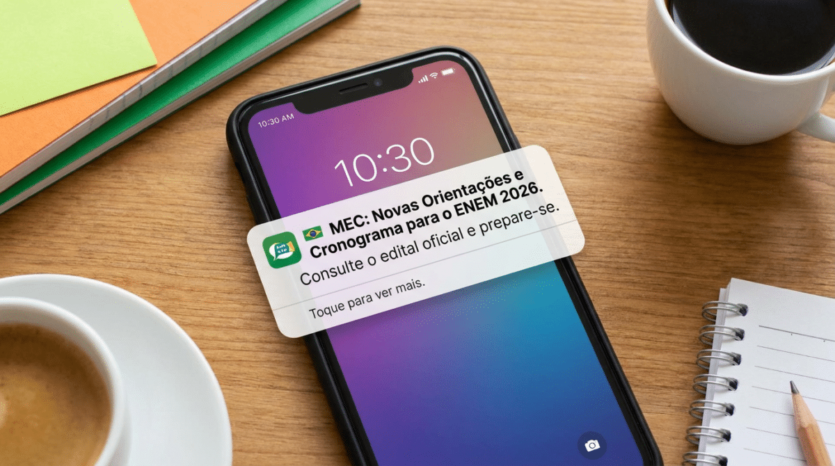 Smartphone exibe notificação do MEC sobre orientações e cronograma do ENEM 2026 sobre mesa de estudos.