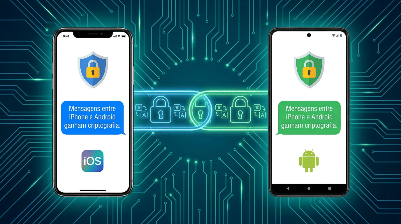  iPhone e Android lado a lado exibindo mensagem sobre criptografia RCS, ícones de cadeado e conexão criptografada ao centro.