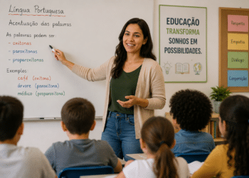 Professora sorridente aponta para quadro branco com conteúdo sobre oxítonas, paroxítonas e proparoxítonas para alunos