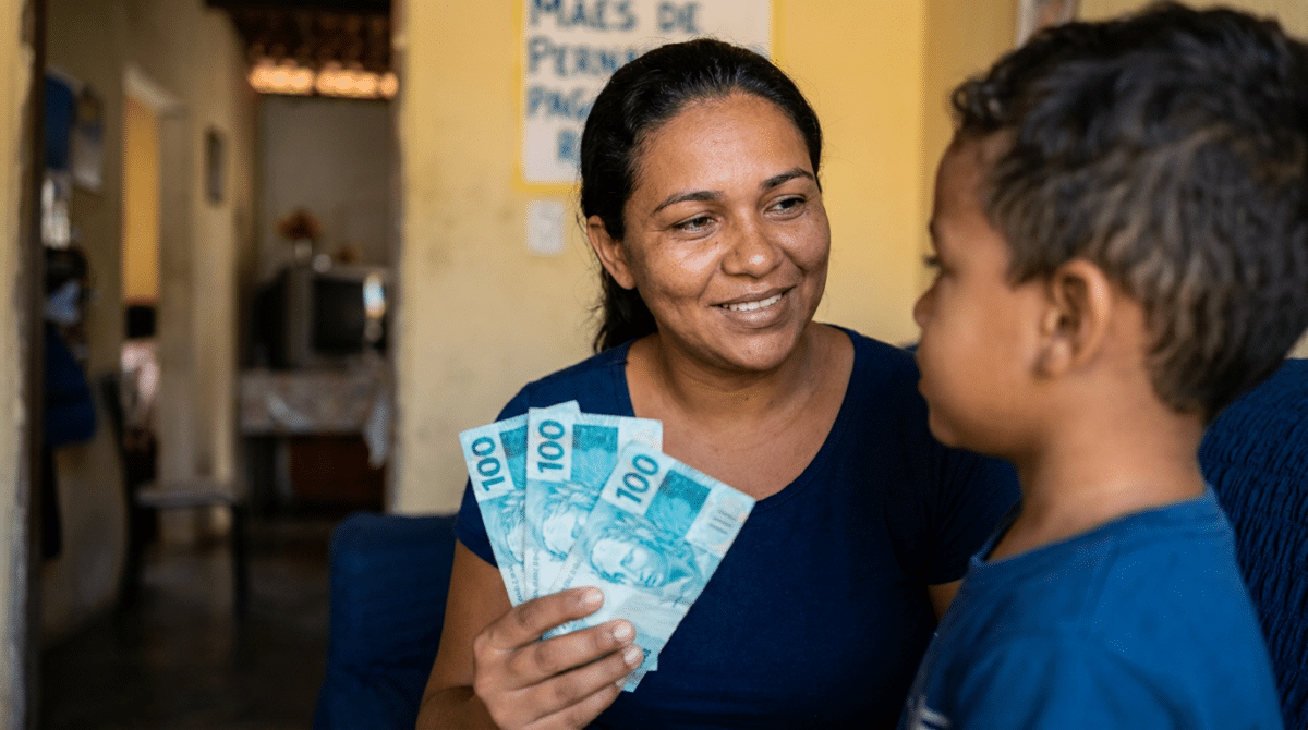 Mulher sorridente segurando notas de R$100 reais ao lado de menino, parede amarela com cartaz ao fundo.