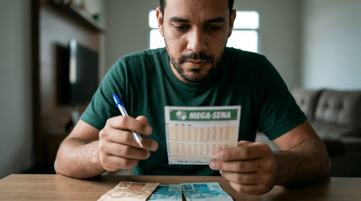 Apostador preenche volante da Mega-Sena com cédulas na mesa.