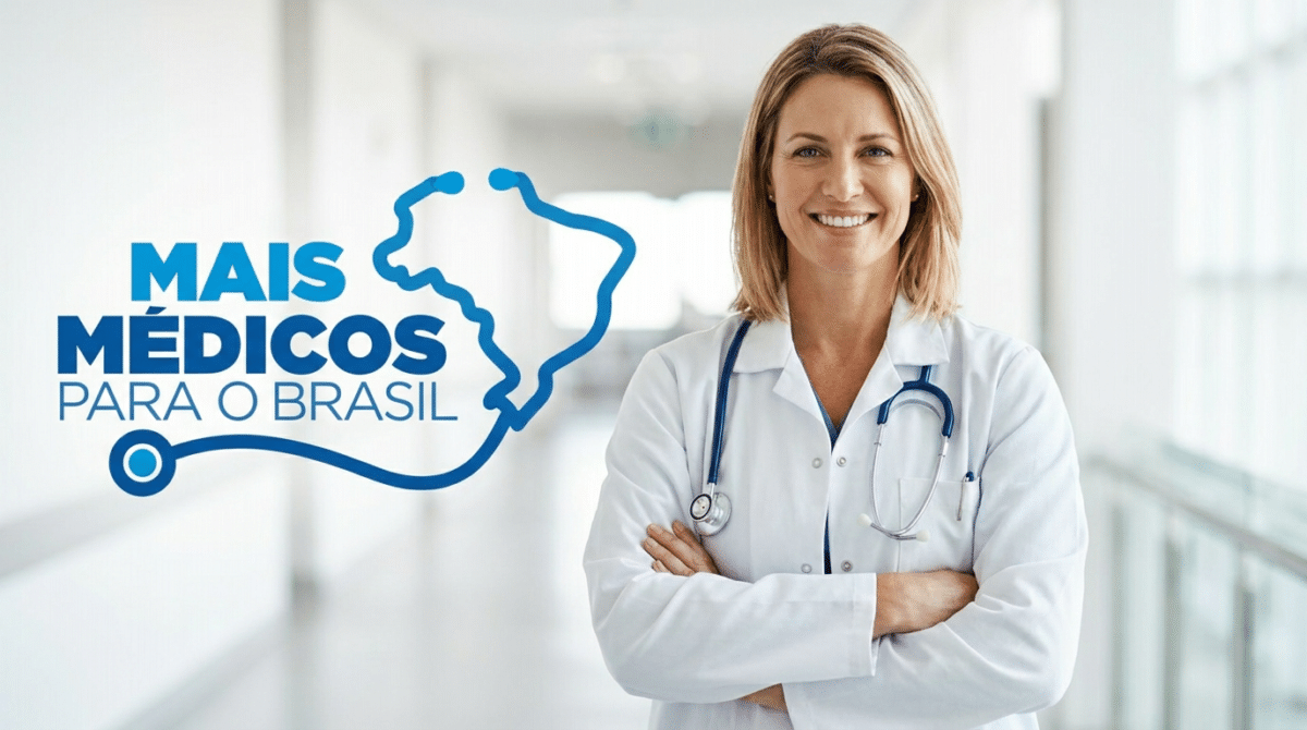 Médica sorrindo ao lado do logo Mais Médicos para o Brasil.