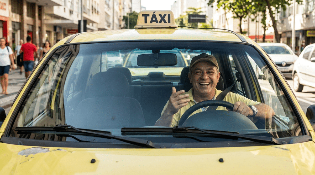 Taxista sorridente em táxi amarelo nas ruas.