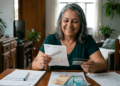 Mulher celebra renegociação de dívida com boleto e cartão na mão.