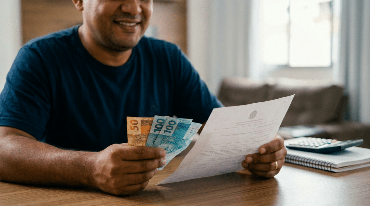 Homem sorridente confere documento e cédulas de real brasileiro.