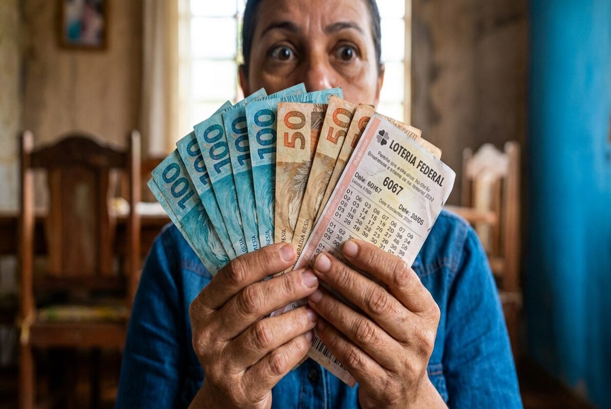 Mulher madura em camisa jeans exibe bilhete da Federal 6067 e notas de R$ 50 e R$ 100 em leque cobrindo parte do rosto
