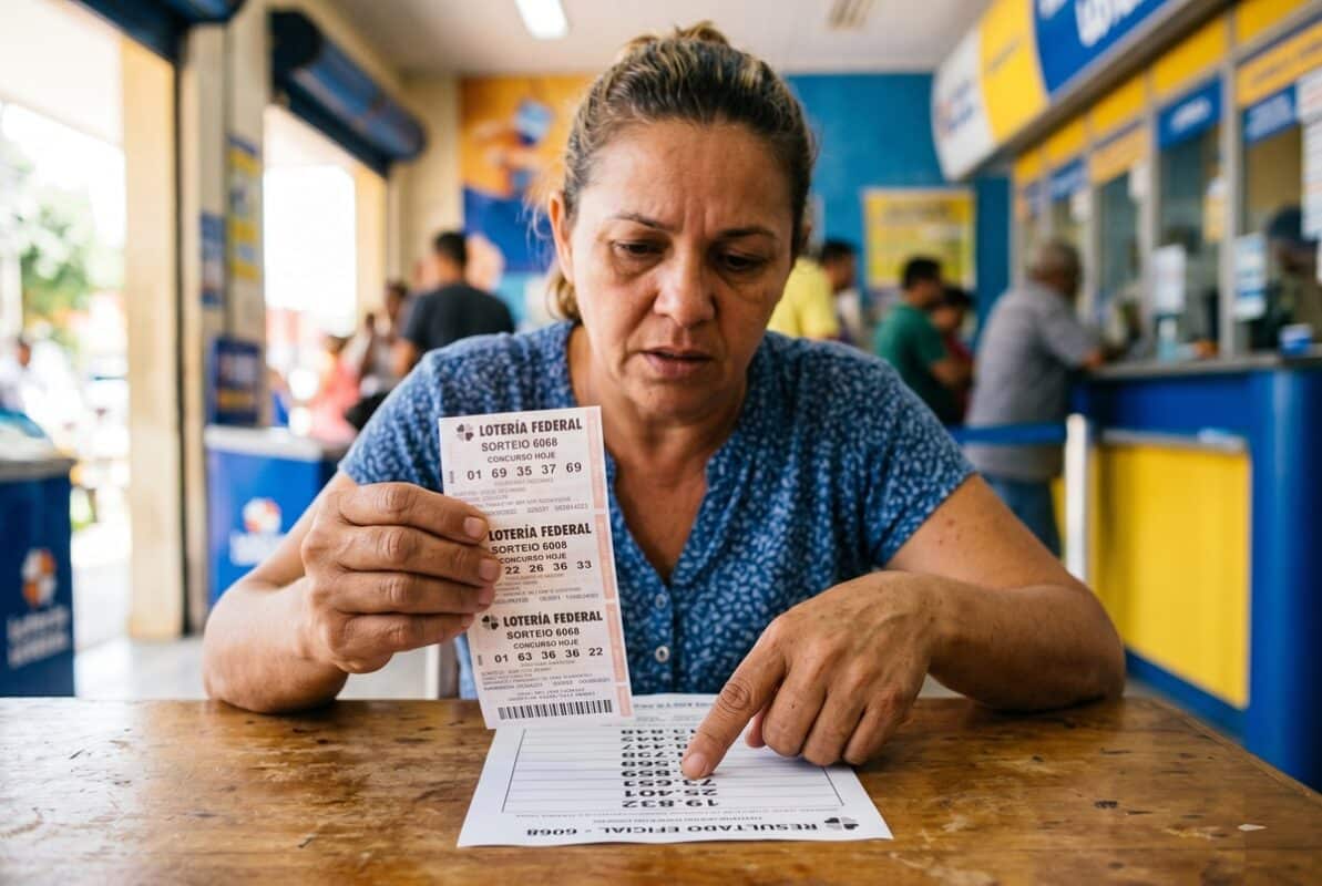 Mulher segura bilhetes da Loteria Federal sorteio 6068 em balcão de lotérica, comparando números com lista de resultados