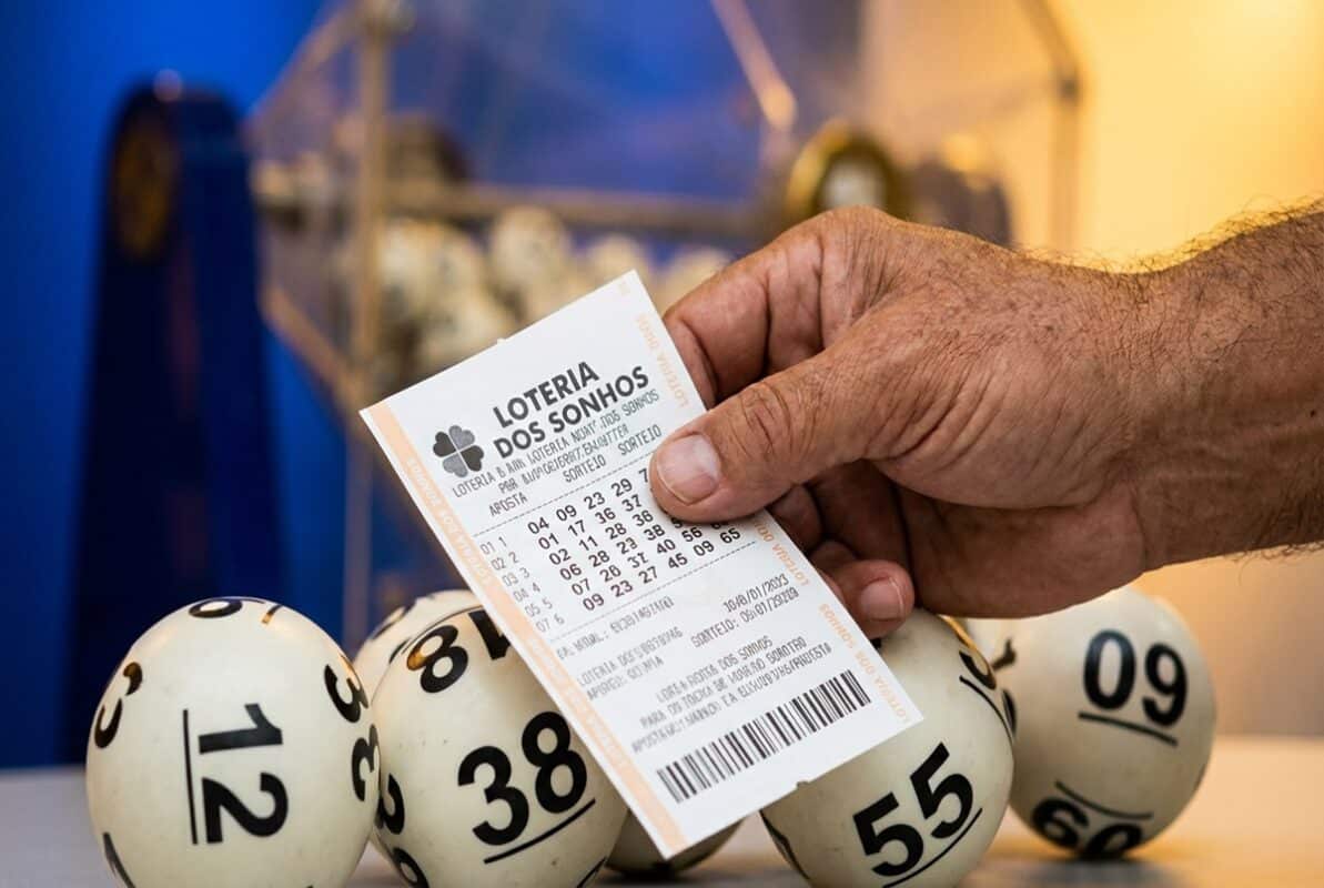 Mão segurando bilhete da Loteria dos Sonhos com bolas numeradas 12, 38, 09, 55 e 60 ao fundo