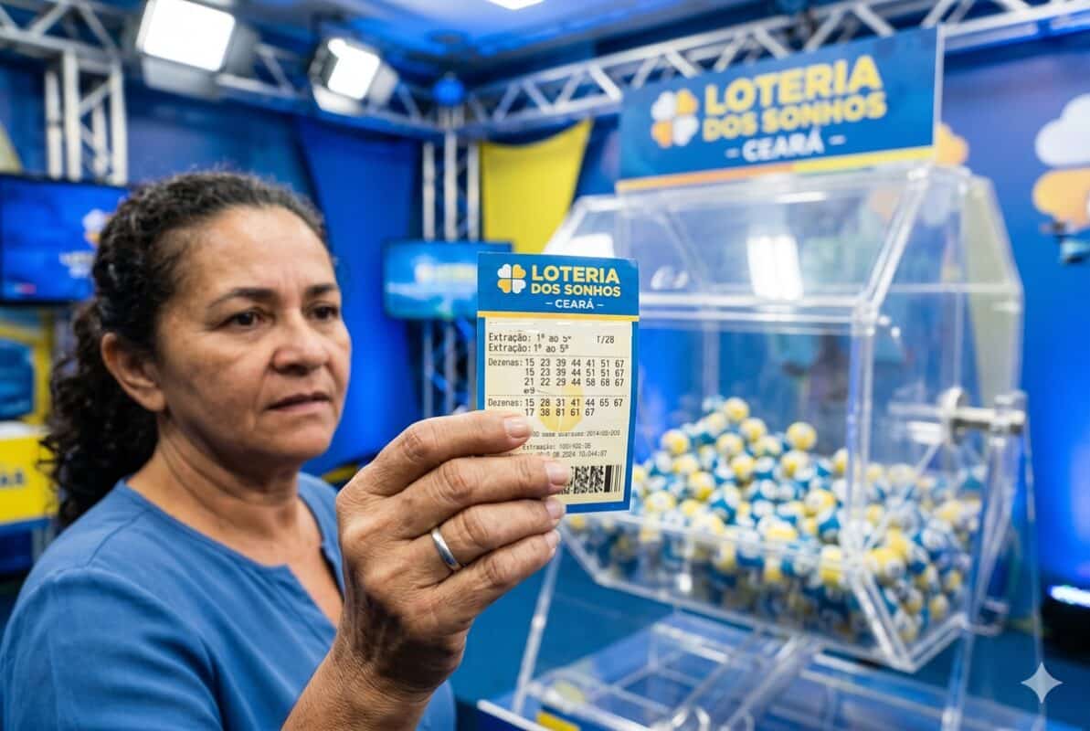 Mulher segura bilhete da Loteria dos Sonhos Ceará com dezenas marcadas, ao fundo globo de sorteio com bolas azuis e amarelas