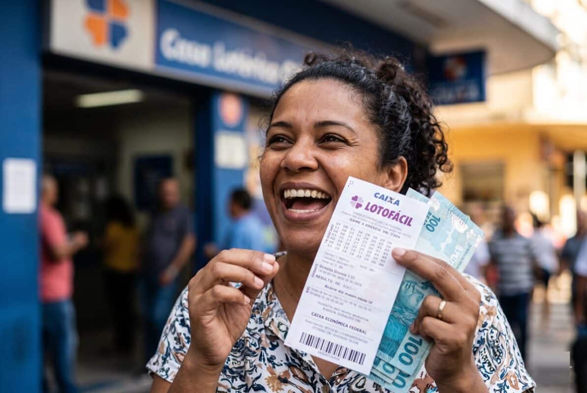 Mulher sorridente segura volante da Lotofácil e notas de R$ 100 diante da agência da Caixa Econômica Federal