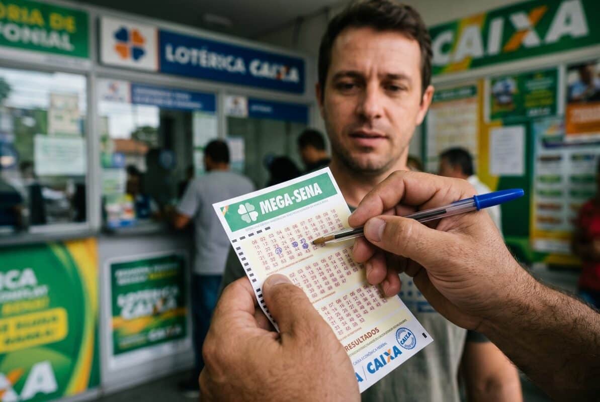 Homem segura volante da Mega-Sena e caneta azul em frente à casa lotérica com letreiro Lotérica Caixa visível