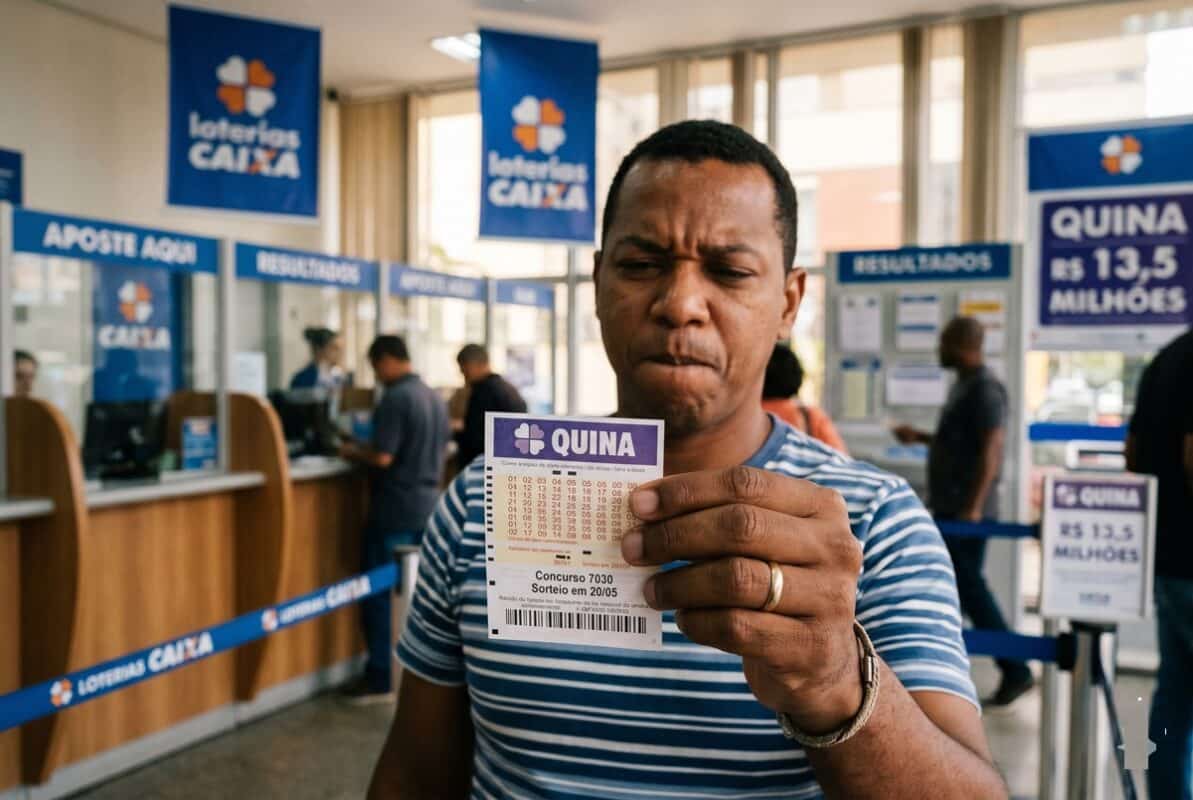 Homem de camiseta listrada azul e branca segura volante da Quina, concurso 7030, em casa lotérica com cartazes do prêmio de R$ 13,5 milhões