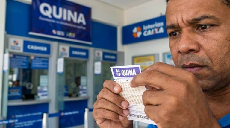 Homem de meia-idade segura e observa bilhete da Quina em frente ao guichê de lotérica da Caixa