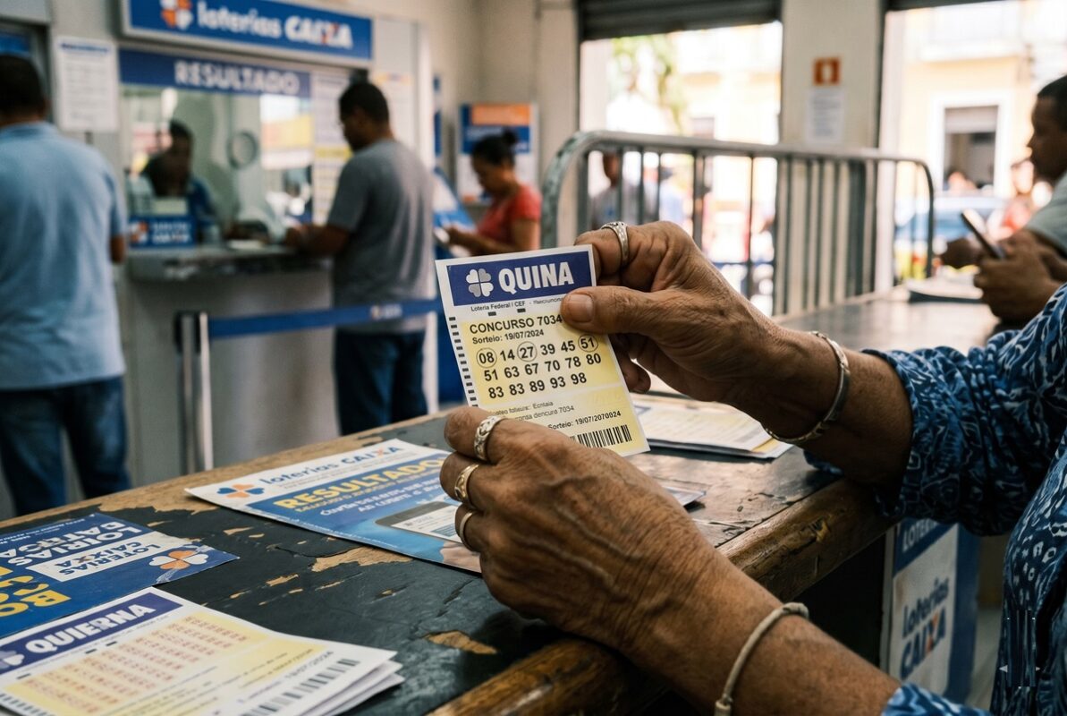 Mãos segurando bilhete da Quina, concurso 7034, com números apostados em balcão de Loterias Caixa