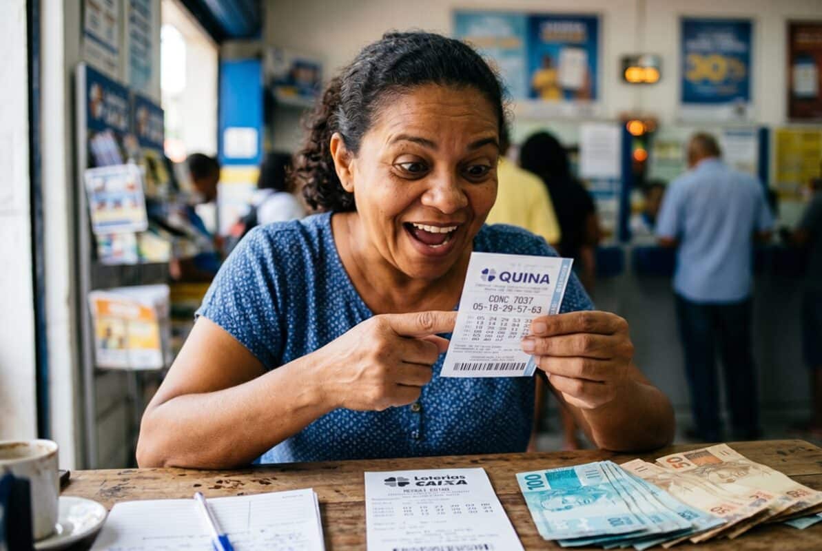 Mulher sorridente segura bilhete da Quina, concurso 7037, com as dezenas 05-18-29-57-63, em casa lotérica