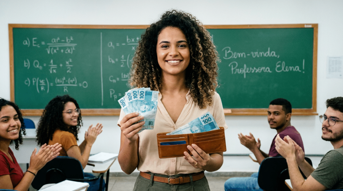 Professora de cabelos cacheados sorri segurando notas de R$ 100 e carteira marrom enquanto alunos aplaudem em sala de aula.