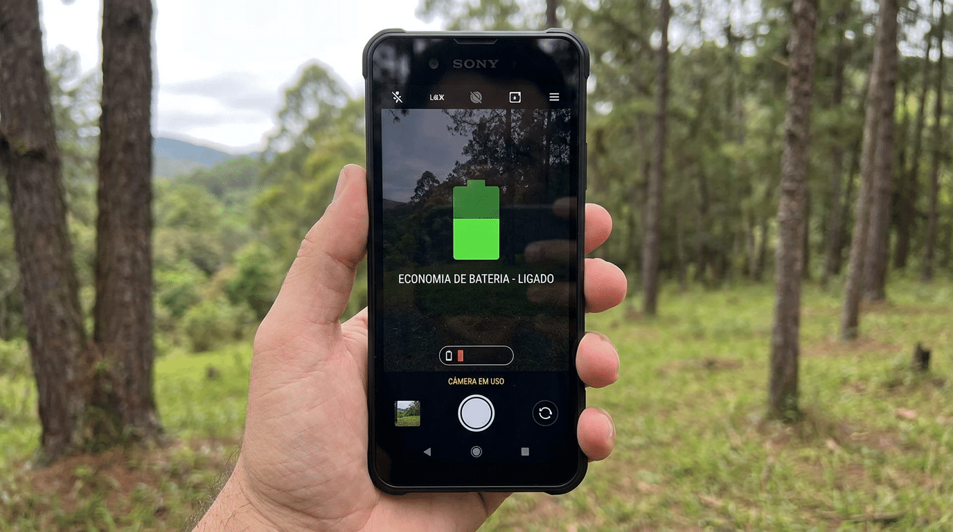 Mão segurando smartphone Sony Xperia exibindo alerta verde de economia de bateria ligado em ambiente de mata nativa.