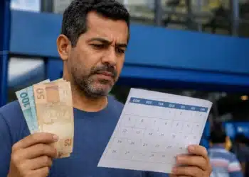 Trabalhador segurando notas de reais e consultando calendário, representando os pagamentos dos novos lotes do PIS/Pasep.