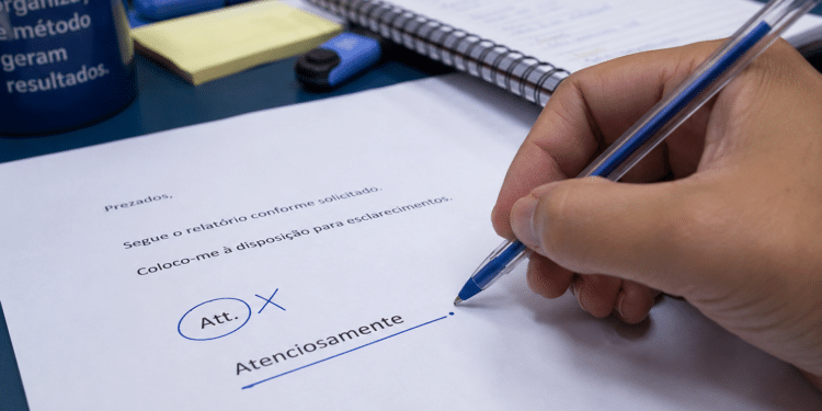 Mão segurando caneta azul sublinhando "Atenciosamente" em carta comercial brasileira sobre mesa com caderno e caneca.