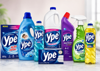 Produtos Ypê da marca brasileira de higiene e limpeza da Química Amparo em fundo claro.