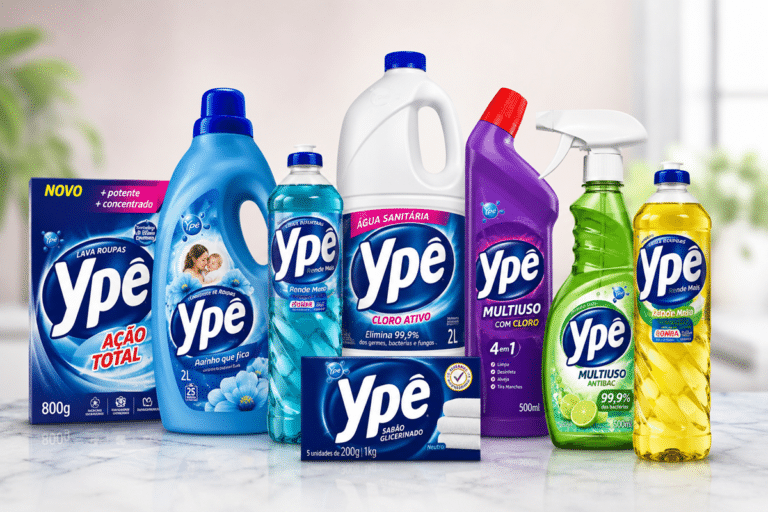 Produtos Ypê da marca brasileira de higiene e limpeza da Química Amparo em fundo claro.