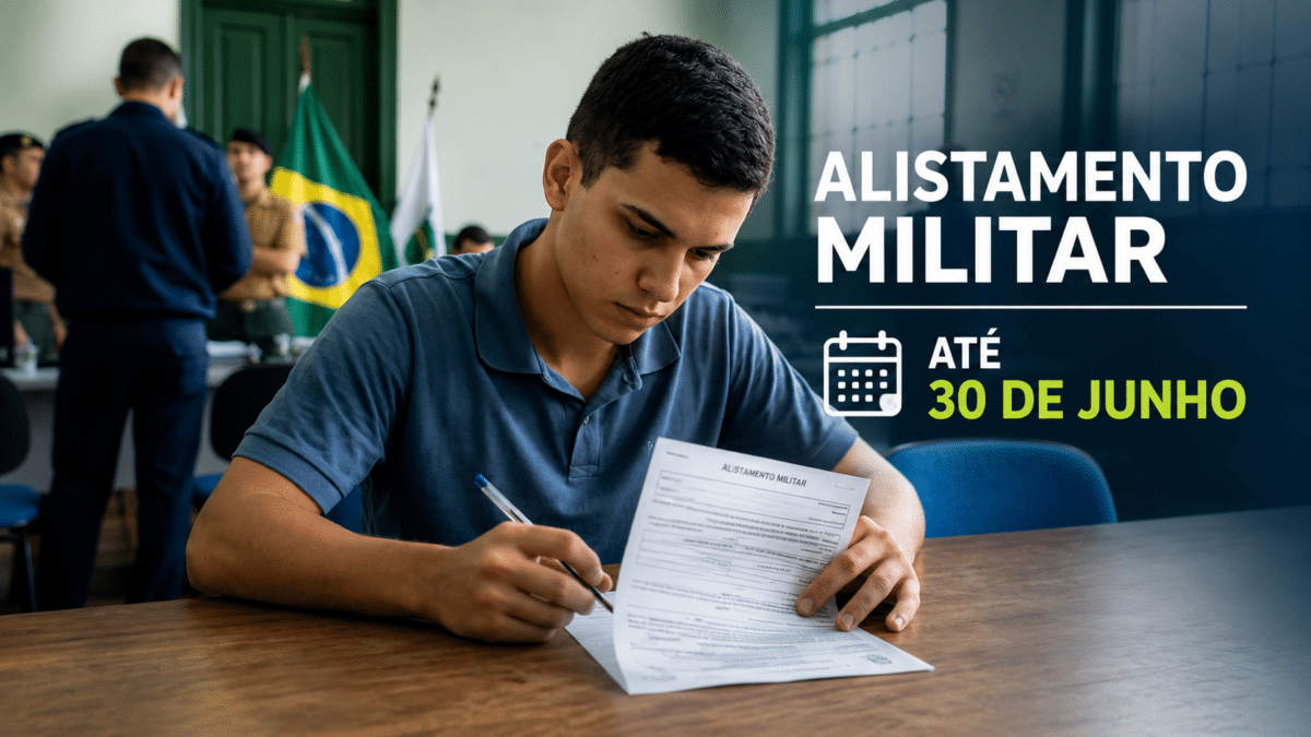 Imagem ilustrativa de jovem preenchendo o formulário do Alistamento Militar 2026, com prazo até 30 de junho