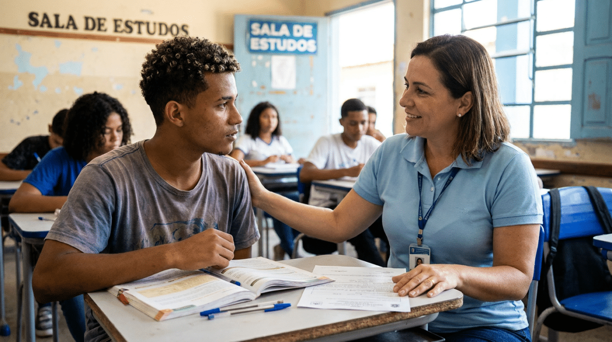 Educadora conversa com estudante adolescente em sala de aula durante orientação para o Enem