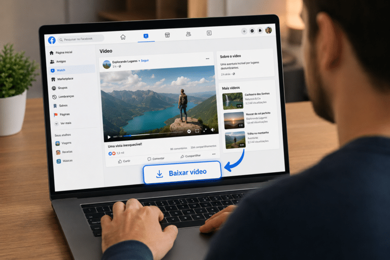 Homem usa notebook exibindo Facebook Watch com vídeo de trilheiro e botão destacado "Baixar vídeo"