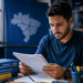 Jovem de barba lendo apostila em mesa de estudos com livros azuis e mapa do Brasil na parede.