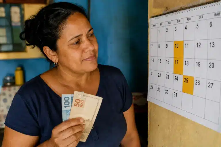 Beneficiária do Bolsa Família segura dinheiro e observa calendário com datas, representando os pagamentos de junho.
