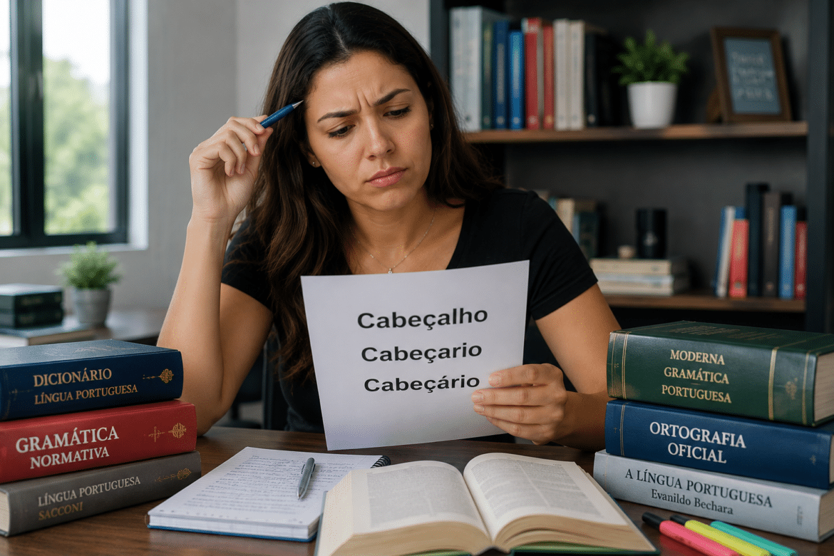 Mulher confusa segura papel com "Cabeçalho, Cabeçario, Cabeçário" em escritório com dicionários de português.