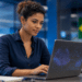 Mulher jovem de camisa azul-marinho digita em laptop prateado com design luminoso, bandeira do Brasil ao fundo.