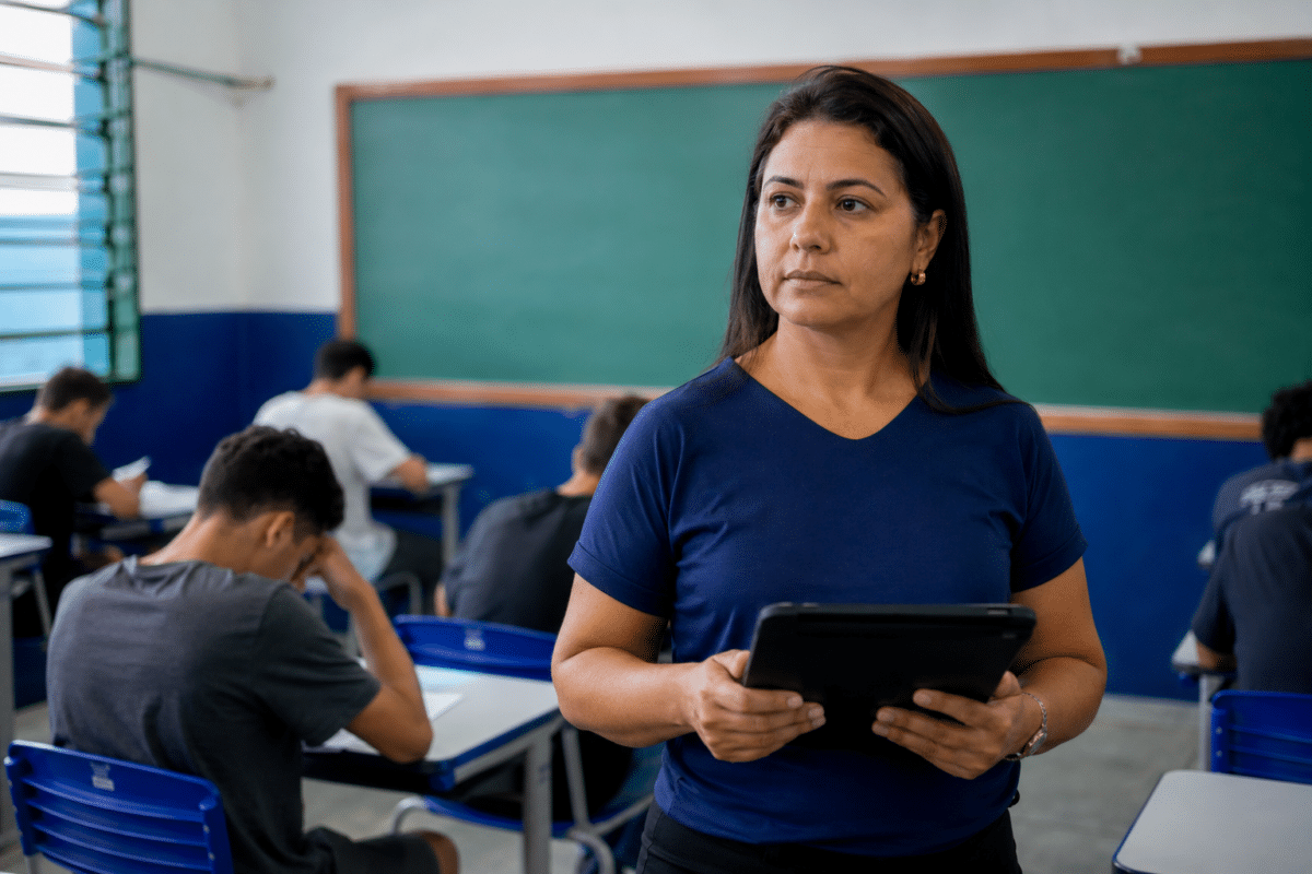 Professora de camiseta azul marinho segura tablet preto enquanto alunos fazem prova em sala com lousa verde.