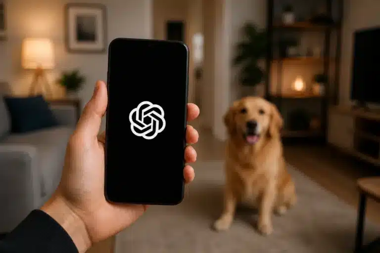 Mão segurando smartphone com ícone do ChatGPT na tela, em ambiente interno desfocado com cachorro ao fundo.