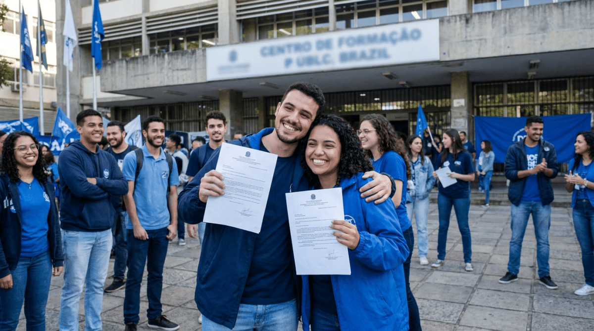 Dois jovens sorriem e exibem documentos oficiais em frente a um centro de formação enquanto outros aprovados comemoram ao fundo
