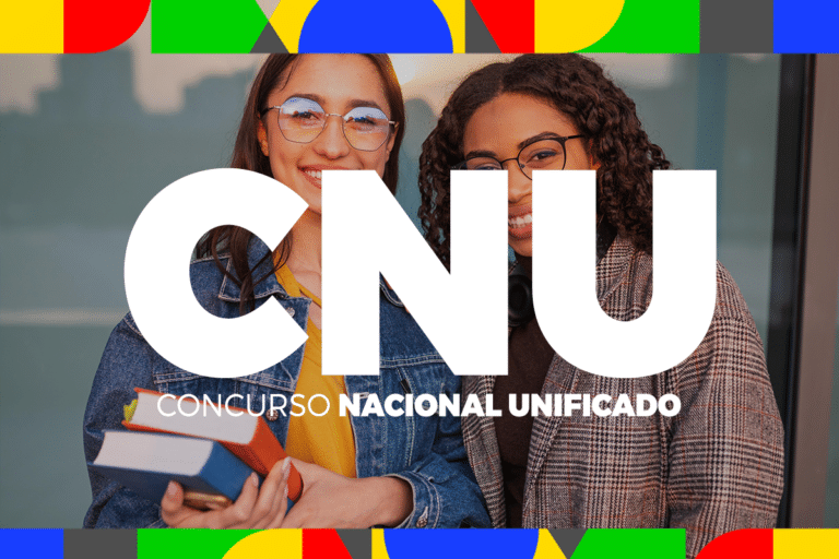 Duas jovens com óculos segurando livros sorriem, com texto "CNU Concurso Nacional Unificado" sobreposto
